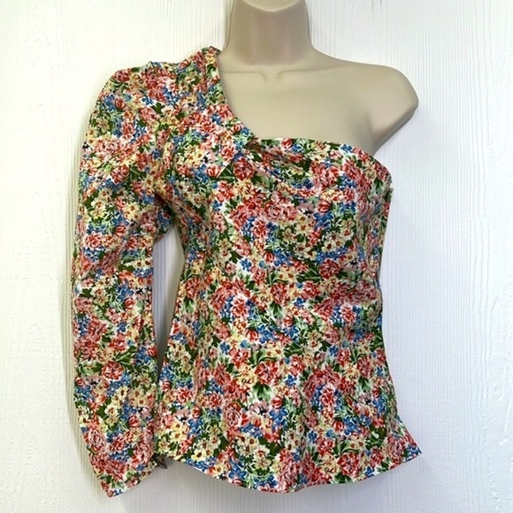 Zara - Bright Colorful Floral One Shoulder Puffed Sleeve Blouse Size XS - Picture 3 of 9